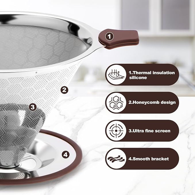 Pour Over Coffee Dripper, Roogaluckeep Stainless Steel Reusable Filter | 600 mesh metal strainer, paperless design, 1-4 cup brewing, no paper filters needed, easy to clean, compact for daily use