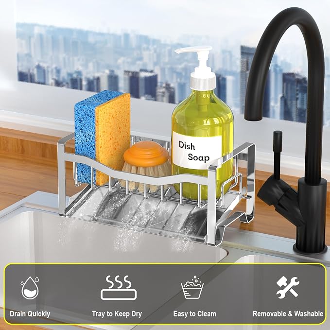 Stainless Steel Kitchen Sink Caddy Organizer with Auto Drain Tray, Sponge Holder for Countertop Storage Silver