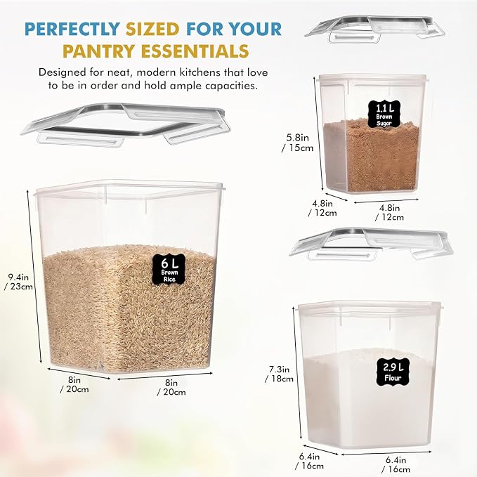Shazo Flour Sugar Storage Containers Set of 3 (6L, 2.9L, 1.1L) Large Airtight Food Storage Containers with Lids, BPA-Free Plastic Container for Kitchen & Pantry Organizers, Cereal, Rice & Pasta