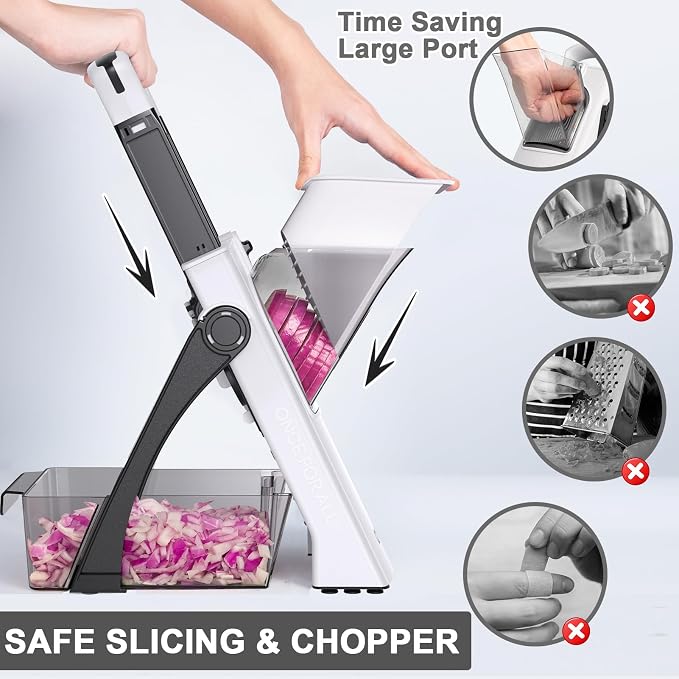 QYKIC Safe Mandoline Slicer Pro for Kitchen, Adjustable Chopper 6 in 1 | Potato Slicer Onion Chopper Fry Cutter Julienne Dicer Large Chute Stainless Steel Blades Detachable Dishwasher Safe Gifts