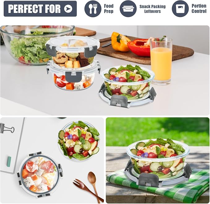 6 Pack 13oz Small Round Glass Meal Prep Containers with Airtight Lids | Perfect for Small Portions, Glass Food Storage Containers with Lids, Freezer to Microwave Safe, Dishwasher Safe