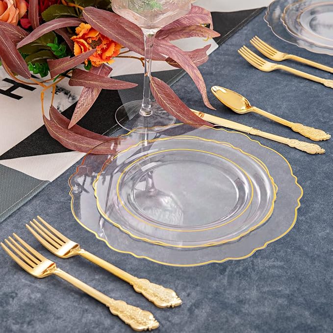 YOUBET 125PCS Clear Gold Plastic Plates for Thanksgiving Party Wedding | 25 Guests Baroque Gold Plastic Dinnerware Includes 25 Dinner Plates, 25 Dessert Plate, 75 Silverware