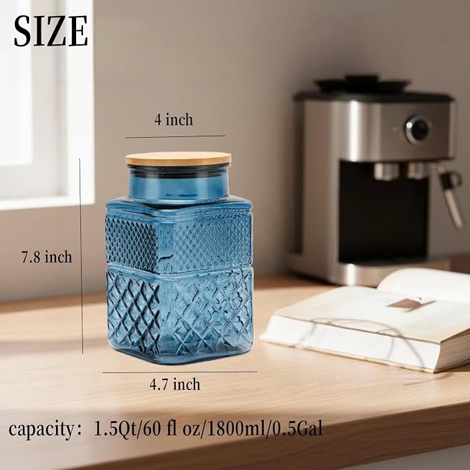 60 FL oz/0.5 Gal Glass Jar with Vintage Pattern and Airtight Lid,Set of 2 | Kitchen Pantry Thick Glass Container for Flour Sugar Cookie Coffee Laundry Pods, Wide Mouth Opening and Airtight Bamboo lid