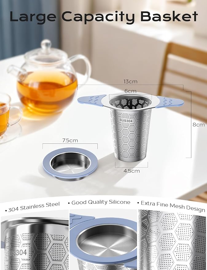 Tea Infuser for Loose Leaf Tea,Stainless Steel Tea Infuser with Heat Proof Silicone Handles,Extra Fine Mesh Tea Strainers Filter Fine Tea Leaves Effectively,Fits TeaPots/Mugs