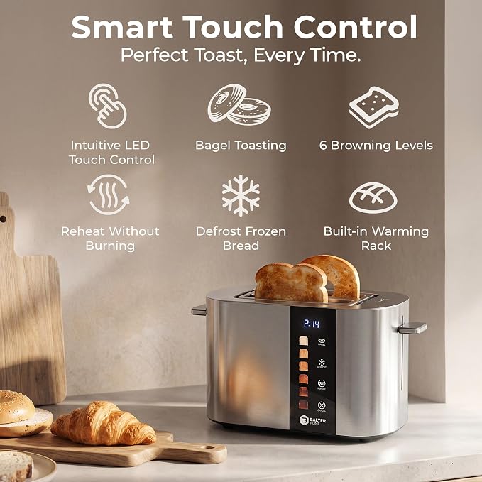 Balter Toaster 2 Slice, Bagel Function, Stainless Steel, Touch Screen, Built-in Rack, Extra-Wide 1.5" Slots for Thick Breads & Bagel, Timer, BPA-Free, Removable Tray