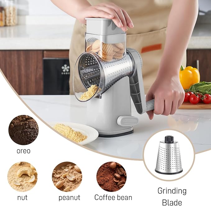 Weltonhm 4 in 1 Large Rotary Cheese Grater Hand Crank (Grey, 4 Graters) | Cheese Shredder Rotary and Slicer with 4 Stainless Steel Blades for Vegetables, Veggie and Cheese, Stronger Suction Base