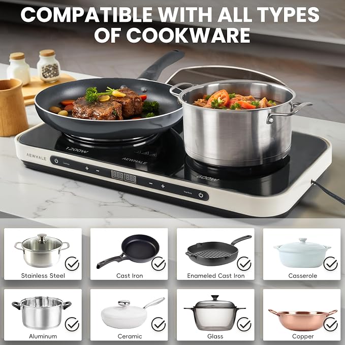 AEWHALE Countertop 2 Burners, Electric Hot Plate | Removable Griddle Pan, Ceramic Non-stick, 1200W+600W, Sensor Touch, Adjustable Temperature/Time