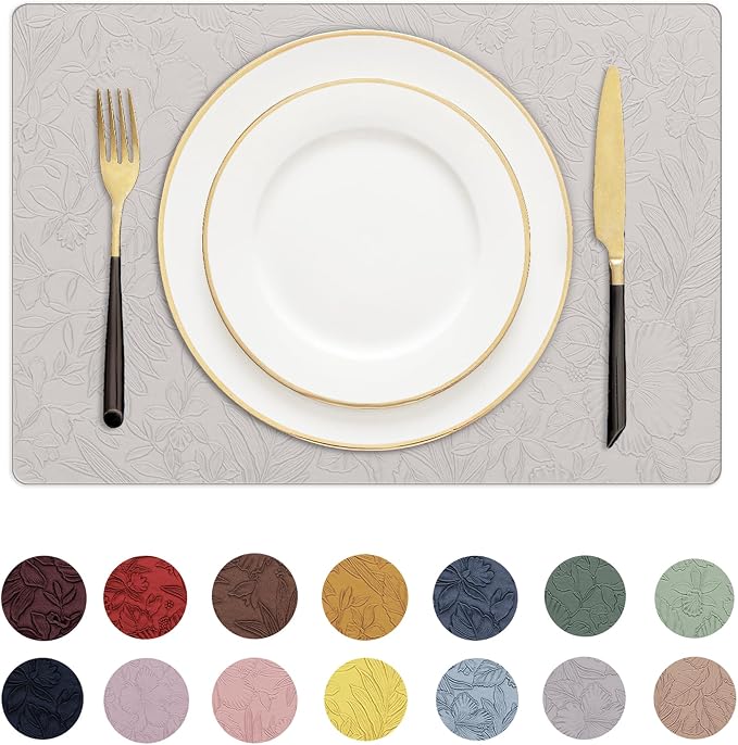 Romanstile Vinyl Placemats Set of 8-12 X 17 Inch - Heat Resistant Non-Slip Embossed Floral Place Mats 100% Waterproof Oilproof Wipeable Faux Leather Table Mats for Kitchen/Dining/Party, LightGrey