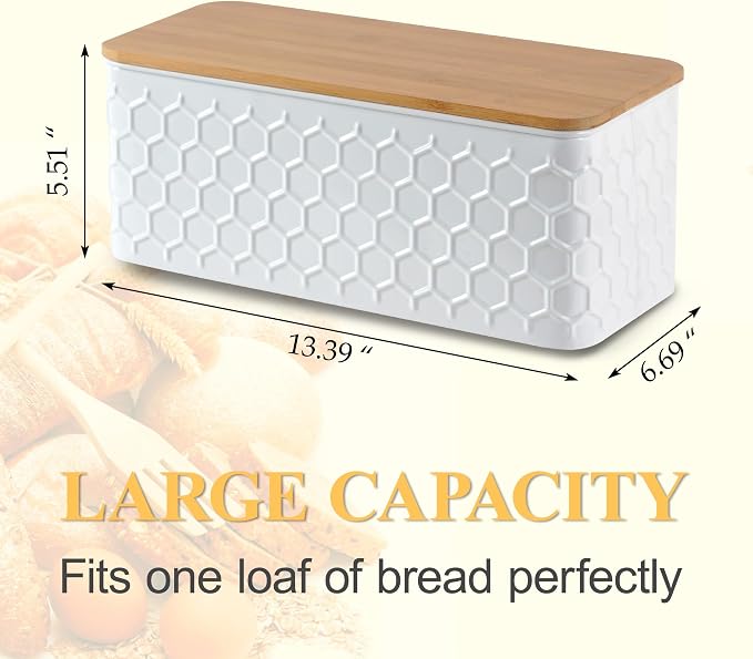 Large White Honeycomb Embossed Bread Box with Bamboo Lid | Corner Breadbox for Homemade Bread, Metal Bread Storage Container Bin for Kitchen Countertop