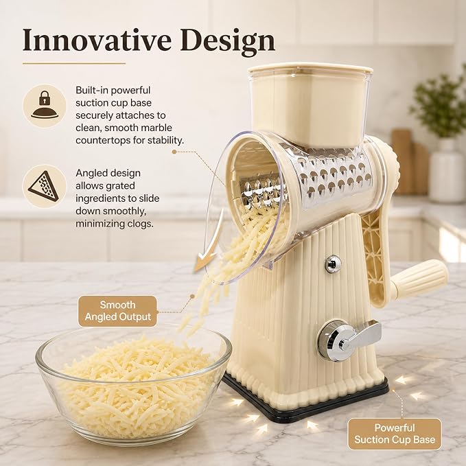 JA&MIU Rotary Cheese Grater with Handle, 5 Well-designed Blades | Strong Suction Base, Round Mandoline Slicer with Blade Storage Box & Kitchen Mandoline Vegetable Slicer (Off-white)