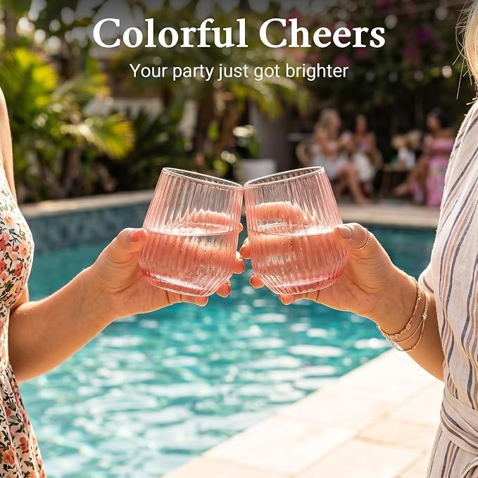 Pink Stemless Wine Glasses Set of 6, 12.5 Oz Lead-Free Ribbed Drinking Glass Cup for Wine, Cocktails, Champagne and Whiskey, Ideal Gifts for Weddings, Bars, Christmas, Halloween,Party, Daily Use