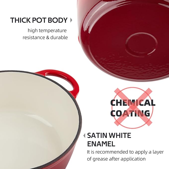 6 Quart Dutch Oven Enameled Cast Iron with Lid - Big Dual Handles - Oven Safe up to 500°F - Classic Round Pot for Versatile Cooking (Red, 6 QT)