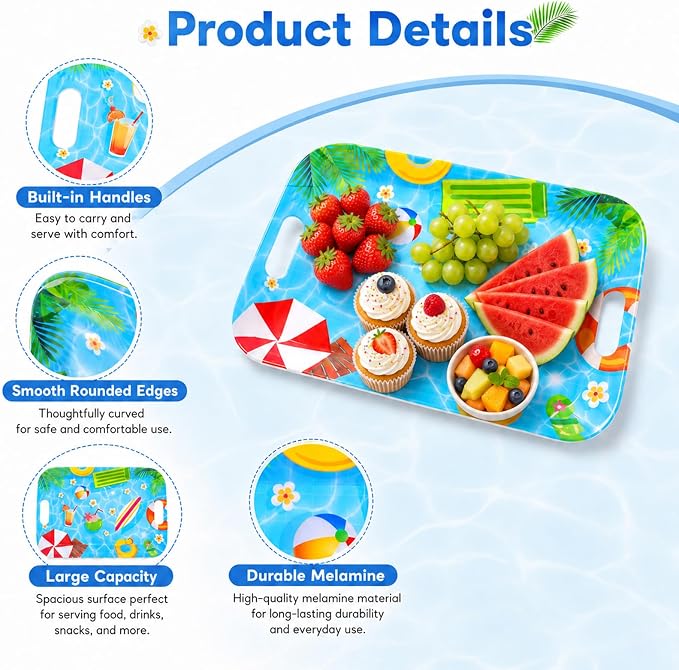 2 Pcs Summer Pool Party Serving Trays with Handles Summer Beach Party Decorations 16 X 11inch Large Melamine Serving Platters for Birthday Baby Shower Hawaiian Tropical Pool Theme Parties Supplies