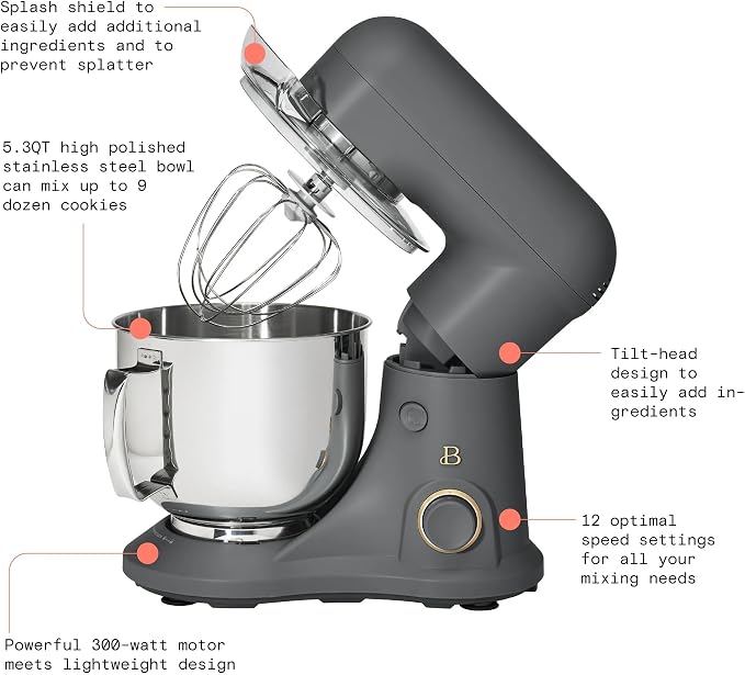 5.3 Qt Stand Mixer, 300W Electric Kitchen Mixer with 12 Speeds, Tilt Head Design, Stainless Steel Bowl, Dough Hook Whisk Beater Splash Guard (Oyster Gray)