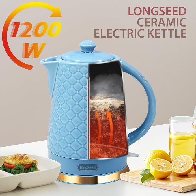 1.5L Ceramic Electric Kettle, 1200W Fast Boil Retro Tea Pot with LED Light, BPA-Free Porcelain Cordless Water Boiler, Auto Shut-Off & Boil-Dry Protection, Blue Relief Carving