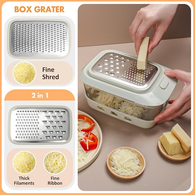 Glass Cheese Grater with Container and Lid, 46OZ Airtight Cheese Grater Bowl, Non-Slip Silicone Base, BPA-Free, Dishwasher & Freezer Safe for Cheese, Butter and Chocolate