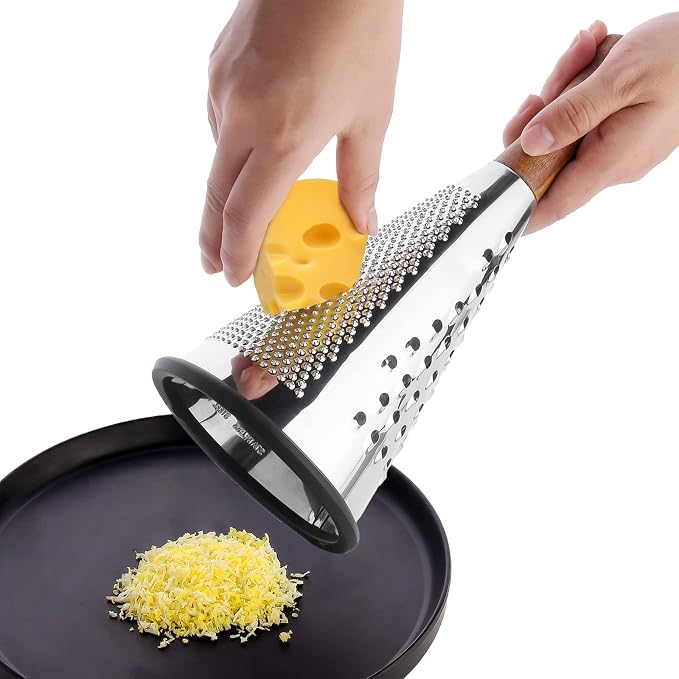Cone Cheese Grater with Handle - Stainless Steel Triple Function Wood Handle Parmesan Shaver Non-Slip Rubber Bottom Hand Held Multifunction Vegetables Cheese Grater with container(S: 7.7" X 3.5")