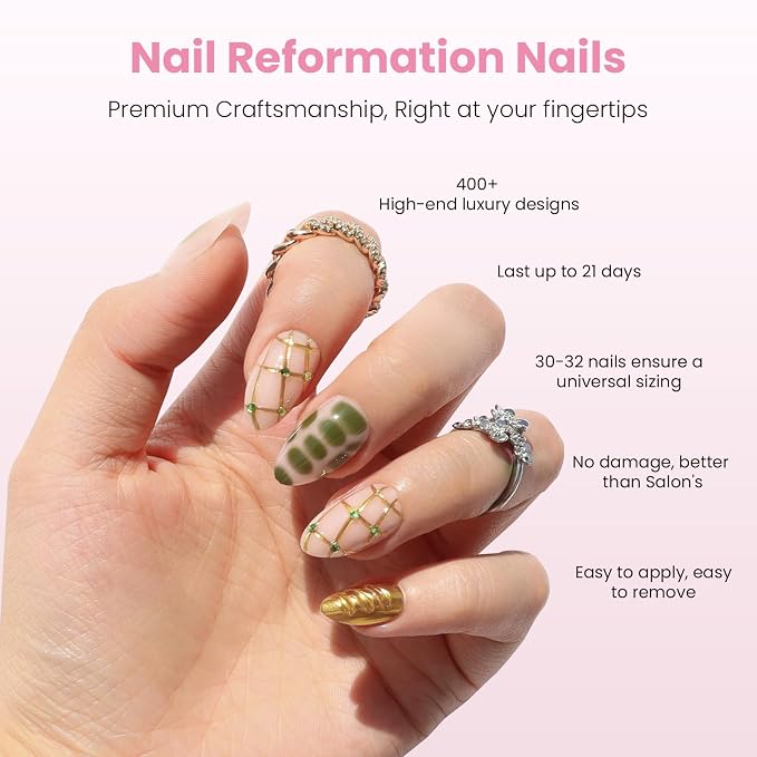 Nail Reformation Press On Nails, Treasure Lines | Short Almond Fake Nails | Jade Green with Jewel Gold Accents in Glossy Finish, Reusable Stick On Nails in 16 Sizes - 32 Nail Kit for Women Gifts