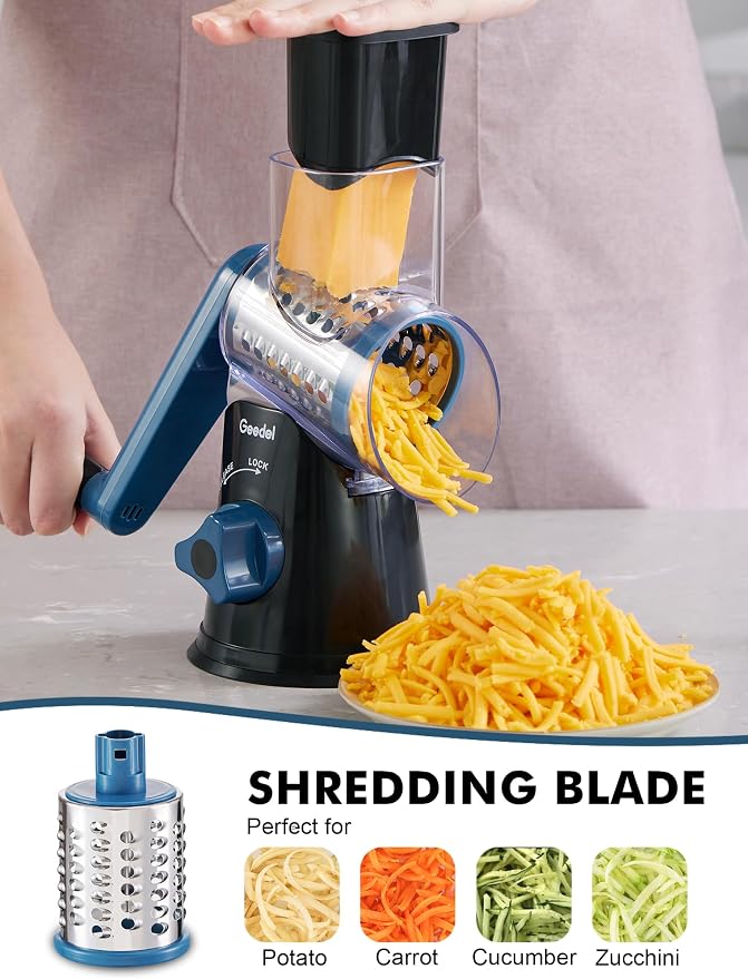 Geedel Rotary Cheese Grater, Kitchen Mandoline Vegetable Slicer with 3 Interchangeable Blades, Easy to Clean Rotary Grater Slicer for Fruit, Vegetables, Nuts | 3 Blades, 430 Stainless Steel, 12x Fast Cutting, Strong Suction Base, No BPA, Dishwasher Saf...