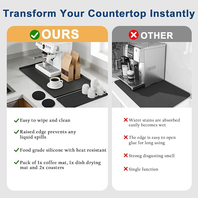 Mrcrypos Silicone Coffee Station Mat with Rasied Edges 16x24 Inch, Black | Anti-Slip, Heat-Resistant, Spill-Proof, Bar Mat for Most Countertop & Espresso Machines, under Coffee Maker/Dish Rack