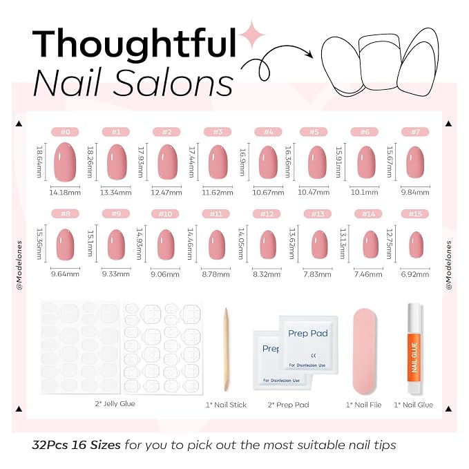 modelones Soft Pink Short Press on Nails, Oval Fake Nails Kit | Semi-Transparent Press Ons with Nail Glue, Adhesive Tabs, Nail File, Prep Pad, Manicure Stick, 32Pcs 16 Sizes, Women Gift