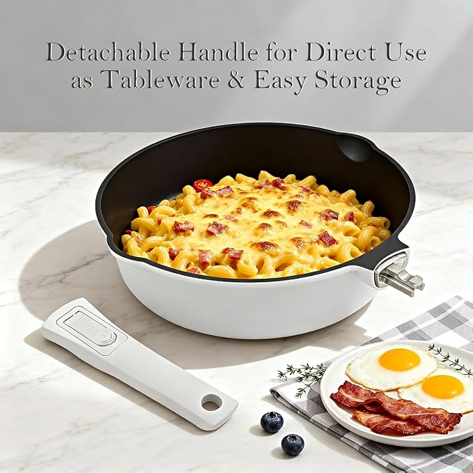 12 Inch Deep Frying Pan Skillet with Lid, Large Saute Pan Non Stick, White | 5 QT Cooking Pan with Detachable Handle, Suitable for All Stoves Including Induction, Oven Safe, PTFE & PFAS & PFOA Free