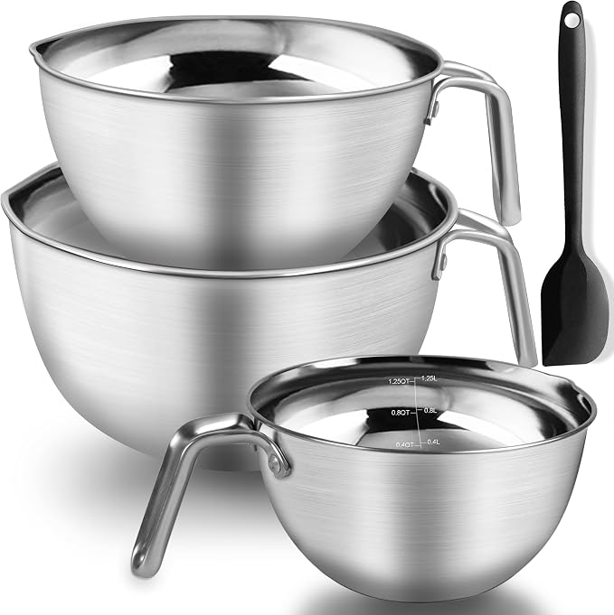 3PCS Stainless Steel Mixing Bowls ,Nesting Bowls With Silicone Spatula | 304 food-grade steel, rust-resistant. 3 sizes:1.1/1.8/2.3qt for mixing, salads, melting. Dishwasher & freezer safe
