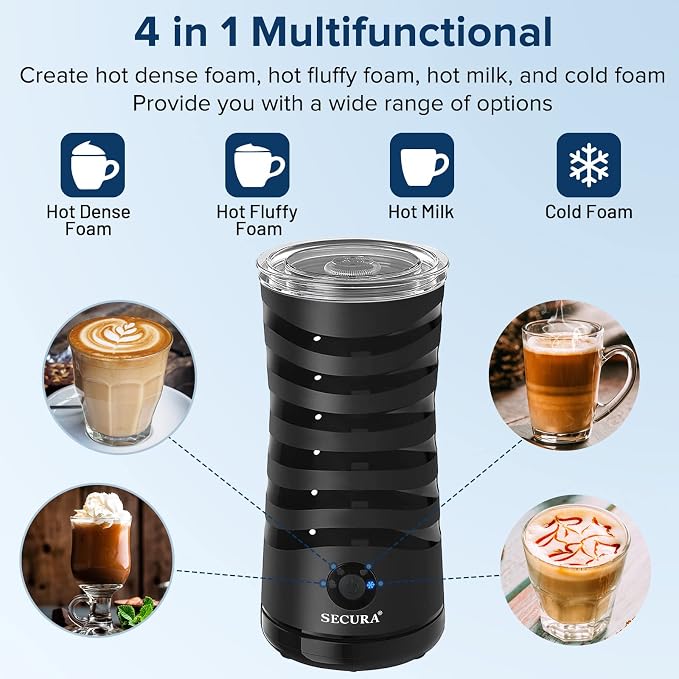 Secura Electric Milk Frother,Automatic Steamer,4-IN-1 Hot & Cold Foam Maker-8.4oz/240ml Milk Warmer for Latte,Cappuccinos,Macchiato with Silicone Spatula,Quiet Operation & Shut-off (Black) (Pack of 6)