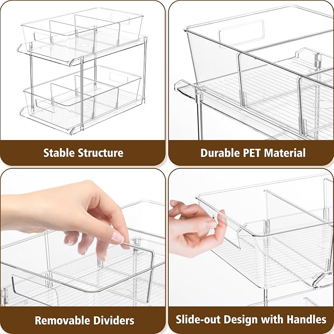 Bathroom Under Sink Organizers and Storage, 2 Tier, 3 Packs | Clear Vanity Countertop Pull-out Cabinet Organizer, Stackable Multi-Purpose Kitchen Pantry Organization with Dividers