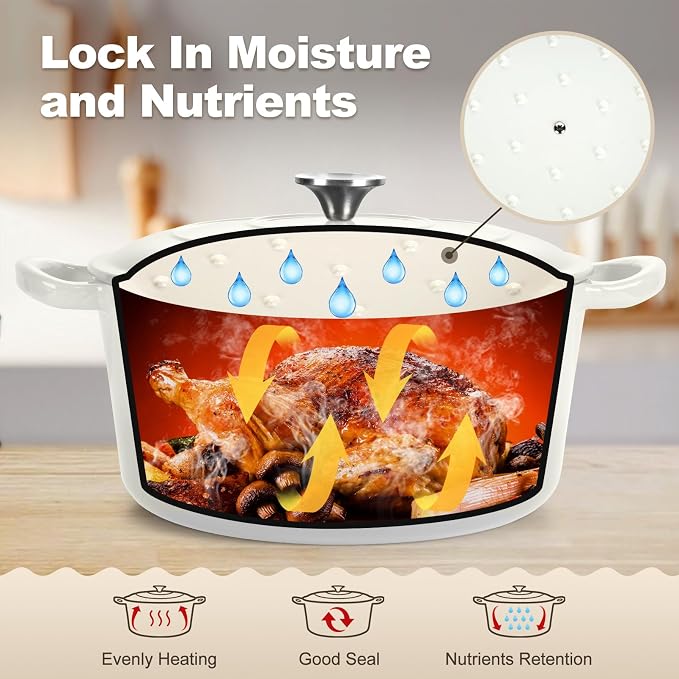 P&P CHEF 7QT Enameled Dutch Oven, Dutch Oven Pot for Bread Baking, White | 7 Quart Enameled Cast Iron Casserole Pot with Lid, for Roasting Braising Stewing Frying Simmering, Work on Various Stoves