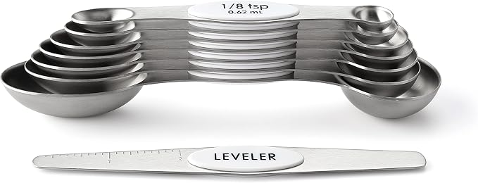 Spring Chef Stainless Steel 8 Magnetic Measuring Spoons for Kitchen, White | Dual Sided Metal Teaspoon & Tablespoon Measuring Spoons w/ Leveler for Dry & Liquid Ingredients, Nesting, Fits in Spice Jars