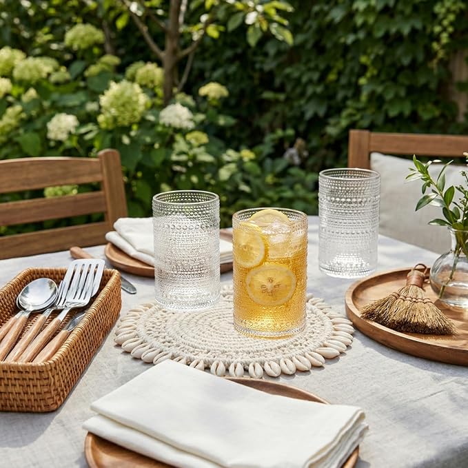 ZOOFOX Set of 6 Vintage Drinking Glasses, 13 oz Clear Hobnail Glasses Tumbler, Embossed Design Glassware for Beverages, Water, Juice, Beer, Cocktail, Whiskey and Milk