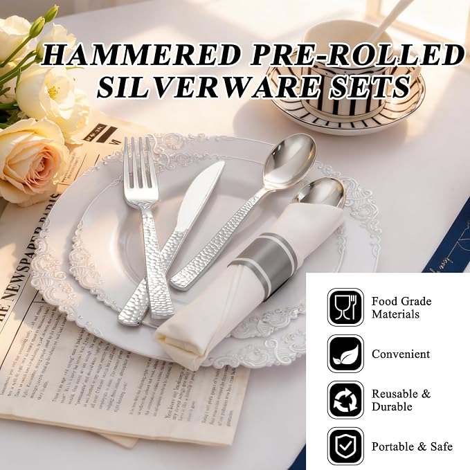 400PCS Silver Wrapped Silverware Set Disposable Hammered for Wedding | Pre-Rolled and Individually Wrapped, 100 Guests, Durable and Sturdy, BPA free, Includes Matching Napkins, for Upscale Dinners