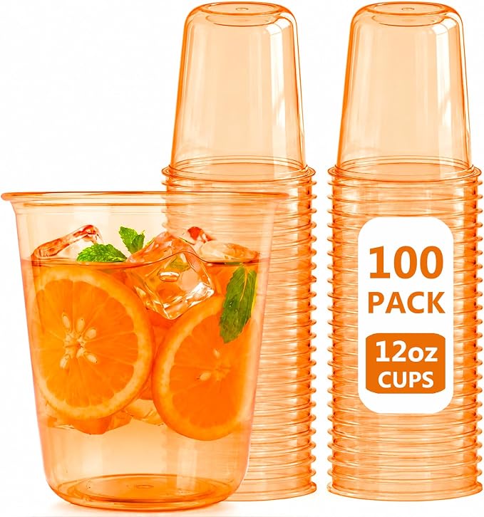 WELLIFE 100 Pcs 12 oz Clear Orange Plastic Cups | Disposable Cocktail Glasses Stemless Wine Punch Cups for Cold Drinking Party Supplies Graduation Thanksgiving Day