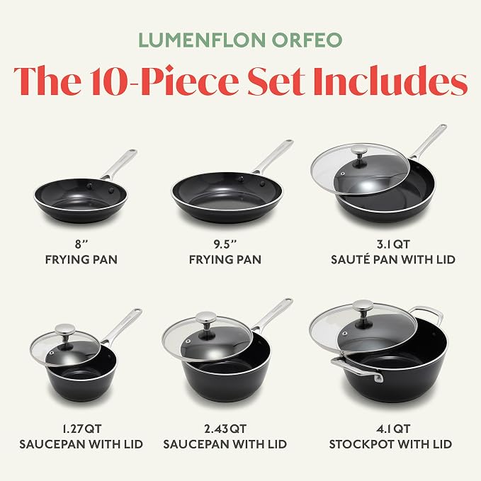 Orfeo 10 Piece Nonstick Cookware Set, Made in Italy, Diamond Ceramic PFAS-Free Pots & Pans, Induction Ready, Scratch Resistant, Laser-Fused Surface for Durability, Dishwasher Safe, Black
