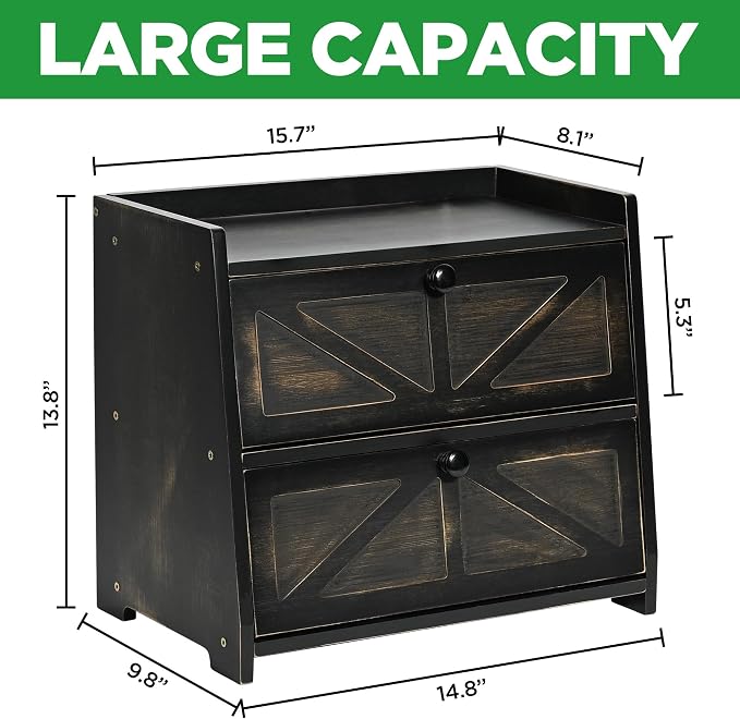 Bamboo Corner Bread Box for Kitchen Countertop 2-Tier Black | Farmhouse Bread Storage Container, Large Pantry Organizers for Homemade Snacks, Loaves, Breathable Keeps Bread Fresh