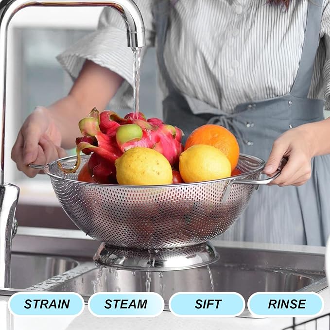 304 Stainless Steel Colander, Micro-Perforated 5-Quart Strainer with Base, Dishwasher Safe. Great for Pasta, Noodles, Vegetables & Fruits