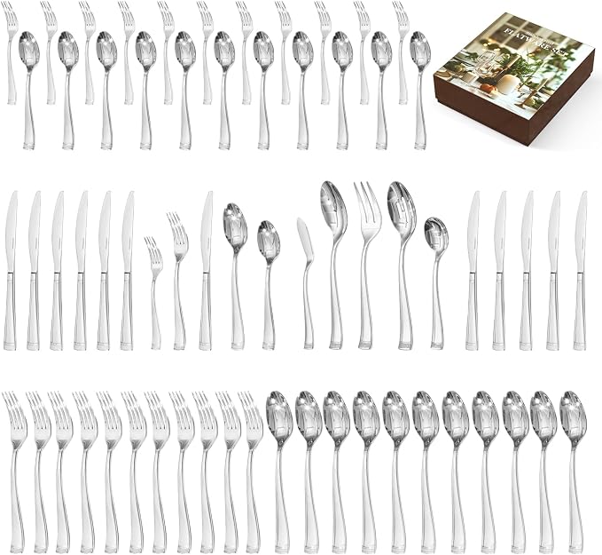 65-Piece Flatware Set, 18/10 Stainless Steel Utensil for 12 | Bead Edge Design, Mirror Polished Finish, Dishwasher Safe, Elegant Table Setting, Ideal for Daily Meals & Entertaining