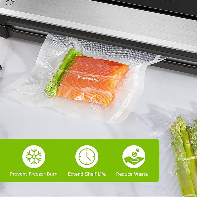 Bonsenkitchen 8” x 150’ Vacuum Sealer Bags Rolls with Cutter for Food | Commercial Grade, Meal Prep and Sous Vide Cooking, Puncture Resistant Heavy Duty Design, BPA Free Food Grade Safe Material