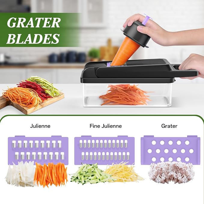 HomeHacks Veggie Chopper Vegetable Cutter, 12 in 1 Kitchen Gadget, Purple | Dicer, Slicer, Cutter, Slap Chop, Cheese Grater & Egg Separator - Multi-Functional Salad Fruit Onion Chopper with Container