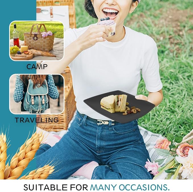 Teivio 44-piece Plastic Wheat Straw Square Dinnerware Set for 4, Unbreakable Dinner Plates, Salad/Tidbit Plates, Snack/Fruit Bowls, Tumblers 13.5oz, Flatware, Dishwasher Safe Outdoor RV Dishes, Black