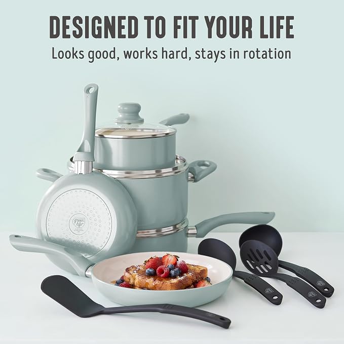 GreenLife 16pc Ceramic Nonstick Pots & Pans Cookware Set, Mint Green | PFAS-Free Nonstick Coating, Stockpot, Frying Pans, Saucepan, Sauté, Induction Ready, All Stovetop Compatible, Dishwasher Safe