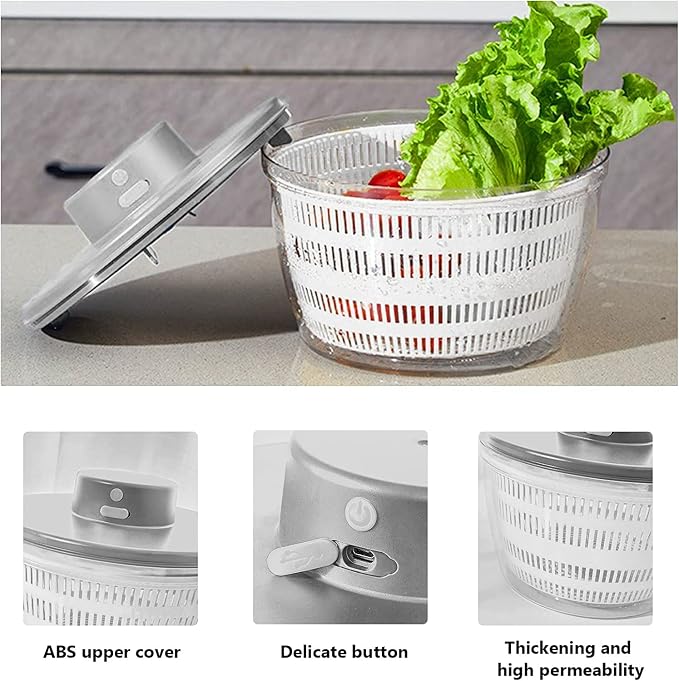 Electric Salad Spinner,Large Capacity Lettuce Spinner,4L Wireless USB | Fruit Washer Spinner,Vegetable Cleaner,Dehydrator for Fruit Vegetables,Quick Drainage Electric Mixer White
