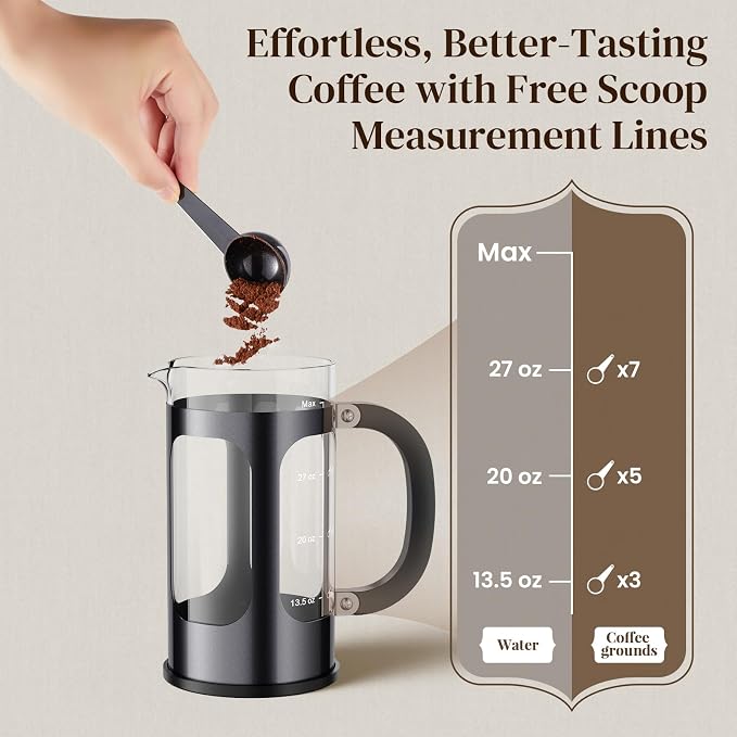 Veken French Press Coffee Maker, No Plastic Touching Cafe,34oz 1 L Cafetera | Thickened Glass Stainless Steel Cold Brew Pot for Kitchen,Travel,Camping,Tea, Gifts, Bar Accessories,Dark Pewter