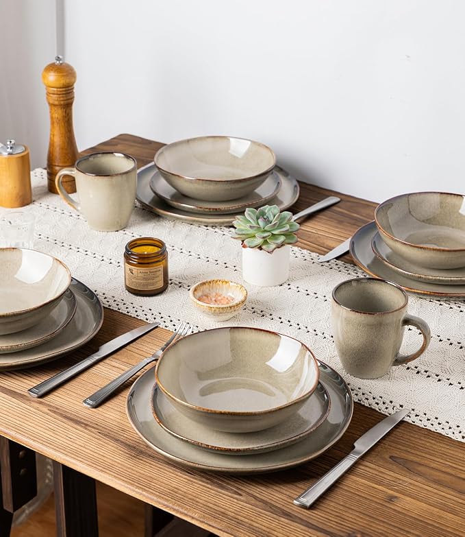 GBHOME Stoneware Dinnerware Sets for 6,18 Piece Rustic Plates and Bowls Set | Earthenware Handmade Reactive Glaze Plate Sets, Chip Resistant Ceramic Dishes, Microwave & Dishwasher Safe, Driftwood Taupe