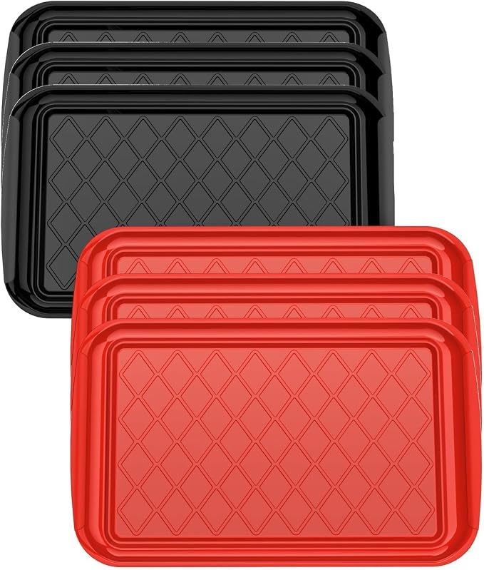 Grilling Prep & Serve Trays for Party Set of 6, Large BBQ Serving Platters | Dishwasher Safe Plastic Trays for Raw and Cooked Food 17"×10.5" Stackable Party Supplies for Grilling, Meal Prep, Red/Black
