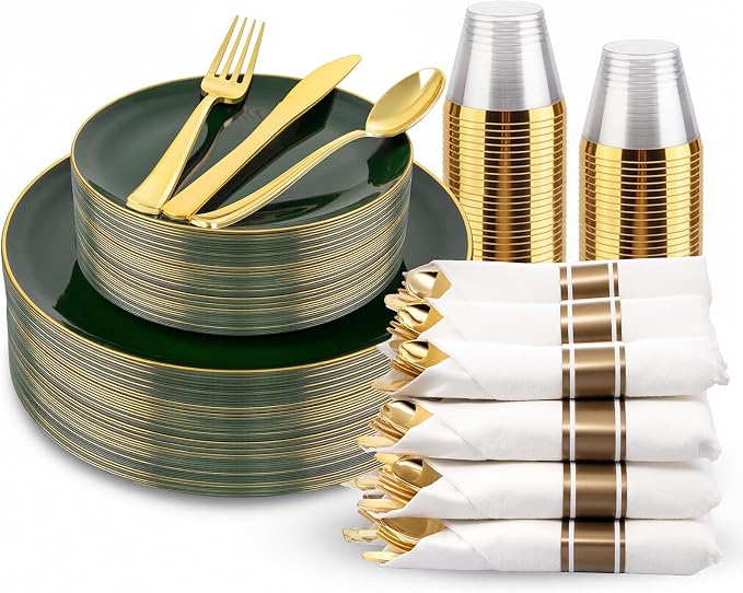 KIRE 175PCS Green Plastic Plates with Gold Rim - Heavy Duty Green Plates Disposable Include 50 Fancy Plastic Plate, 25Pre Rolled Napkins 25 Cups For Party/Wedding/Spring/2026 FIFA World Cup