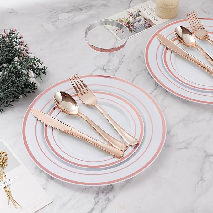 BESTVIP 600PCS Rose Gold Dinnerware Set for 100 Guests, Plastic Plates | for Party, 100 Rose Gold Disposable Plates, 100 Dessert Plates, 100 Cups, 100 Spoons, 100 Forks and 100 Knives
