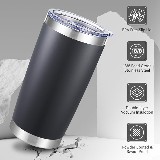 20 oz Tumblers Bulk Stainless Steel Tumbler with Lid, 6 Pack | Black, 20oz Insulated Coffee Mug, Double Wall Vacuum, Powder Coated Cup, for Hot and Cold Drinks