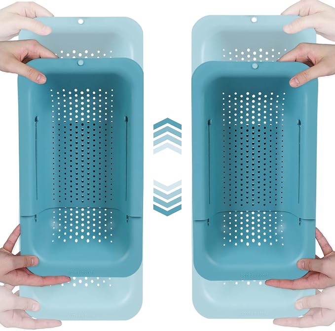 Blue Ginkgo Over Sink Colander, Extendable Kitchen Strainer, 2-Pack, Teal | Fits Most Sinks. Rinse, Drain and Dry with Ease.